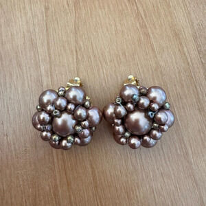 Vintage Coffee Pearl Cluster Clip On Earrings